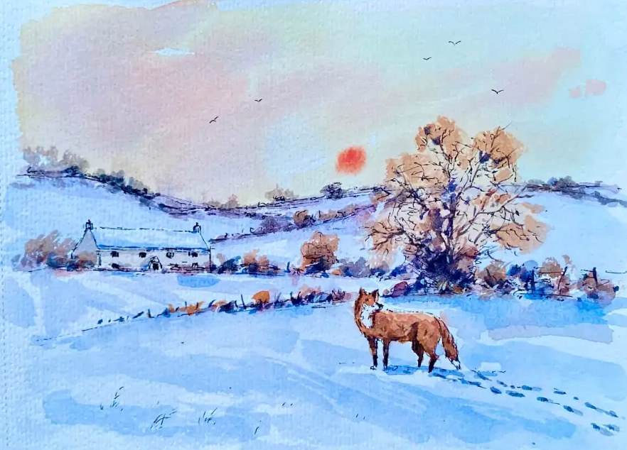 Fox in the Snow — Pen & watercolour by Stephen Rooney
