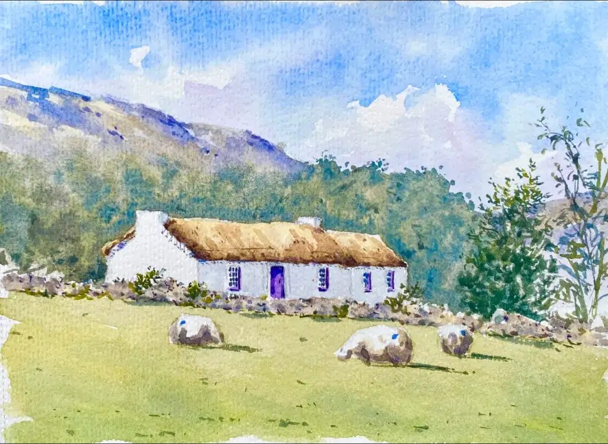 Cottage near Mamore Gap, Donegal — Watercolour on paper by Stephen Rooney