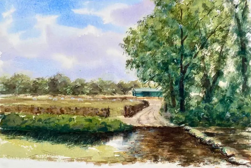 Stepping Stones across the Kilkeel River at Hanna's Close, Kilkeel — Watercolour on paper by Stephen Rooney