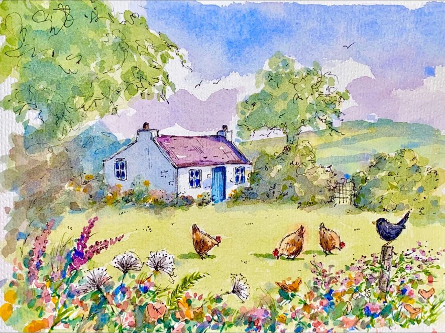 Three Chickens and Blackbird — Watercolour on paper by Stephen Rooney