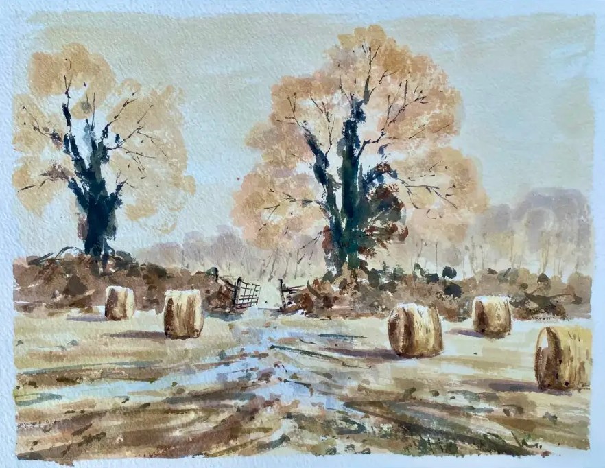 Hay Bales in landscape — Watercolour on paper by Stephen Rooney