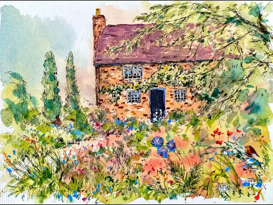 Cottage Garden and Robin — Watercolour on paper by Stephen Rooney