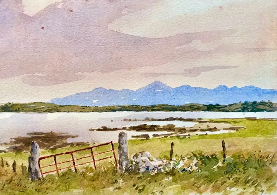 Kearney Point looking towards the Mournes — Watercolour on paper by Stephen Rooney