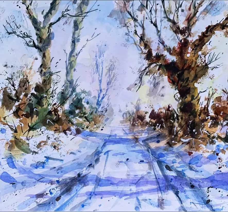 Country Lane in snow — Watercolour on paper by Stephen Rooney