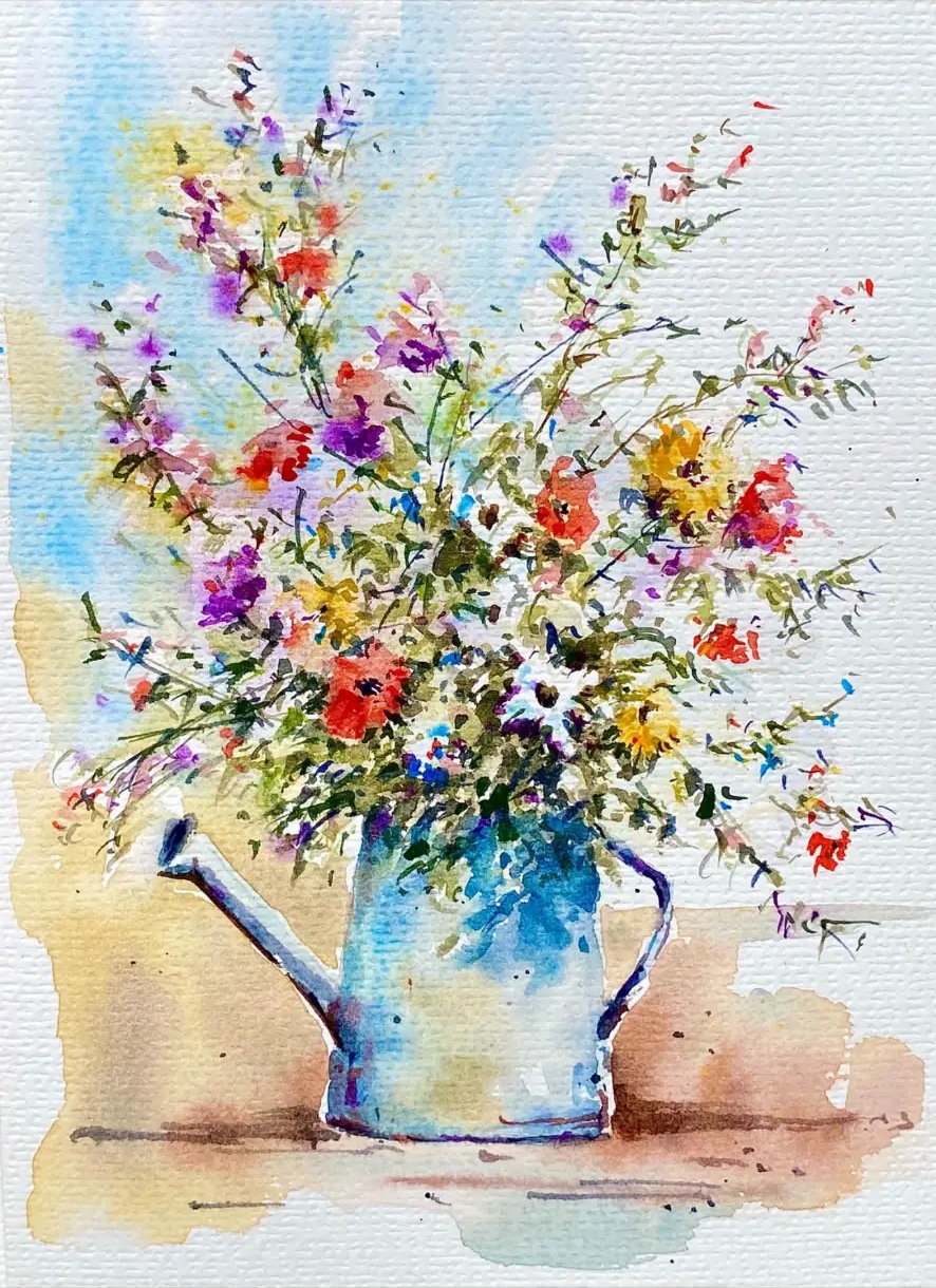 Wildflowers in Watering can — Watercolour on paper by Stephen Rooney
