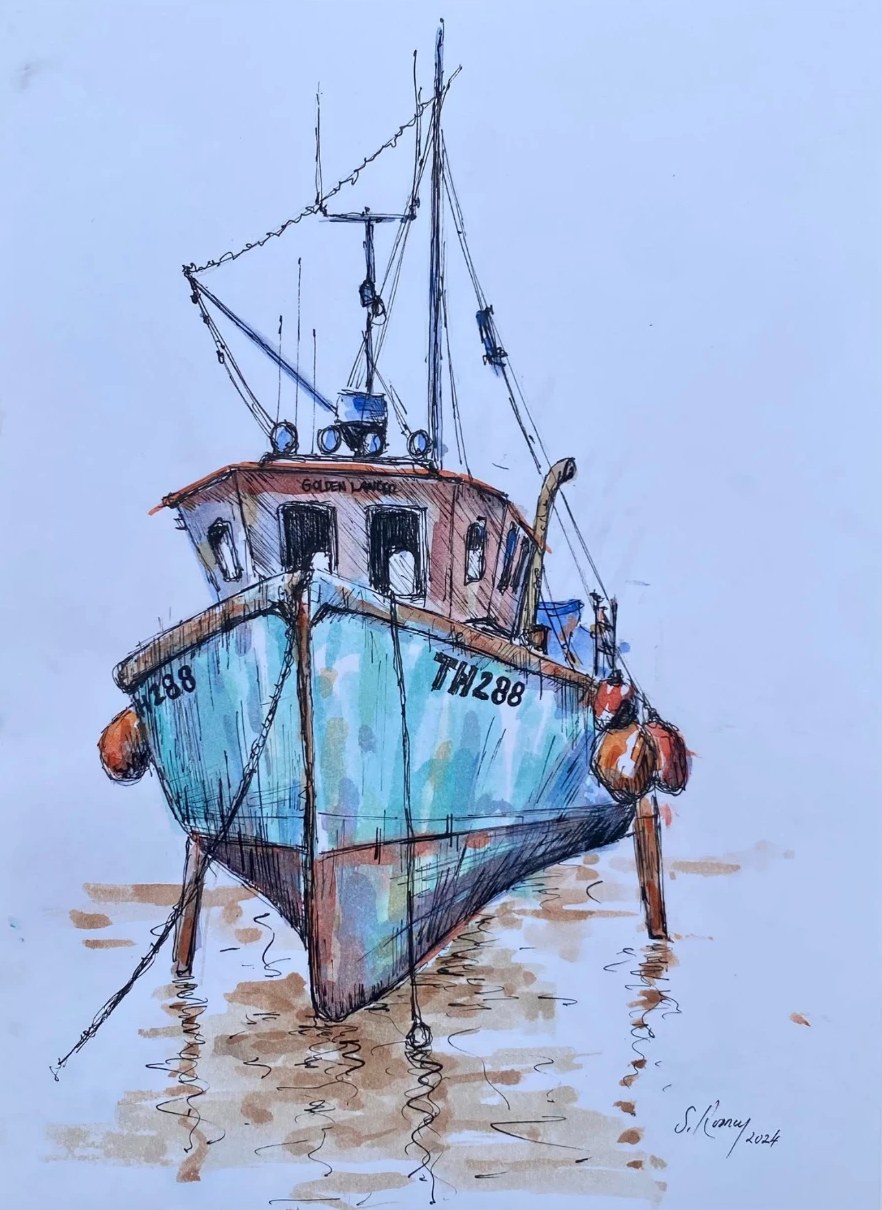 Trawler Sketch — Pen & wash · 2024 by Stephen Rooney