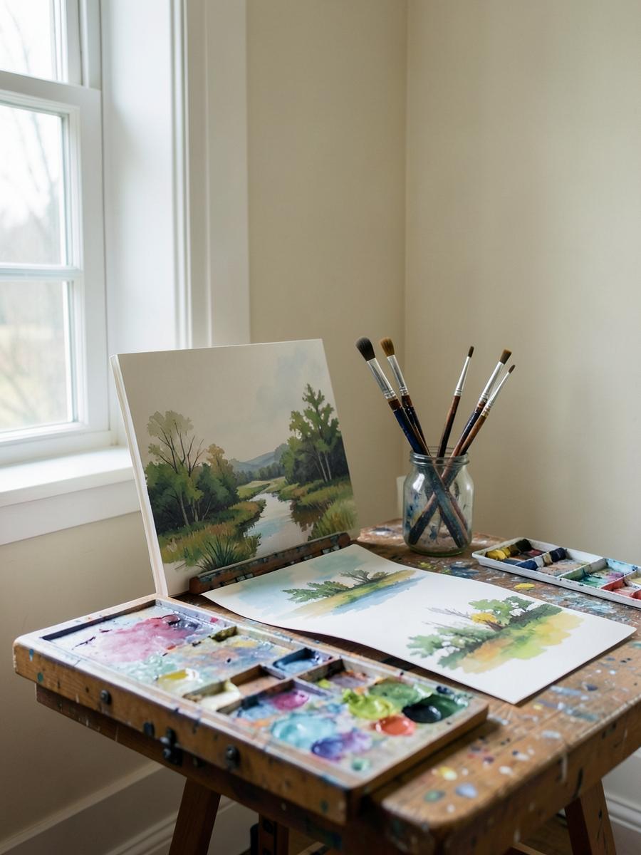 Stephen Rooney's studio table with brushes, palette and a landscape in progress